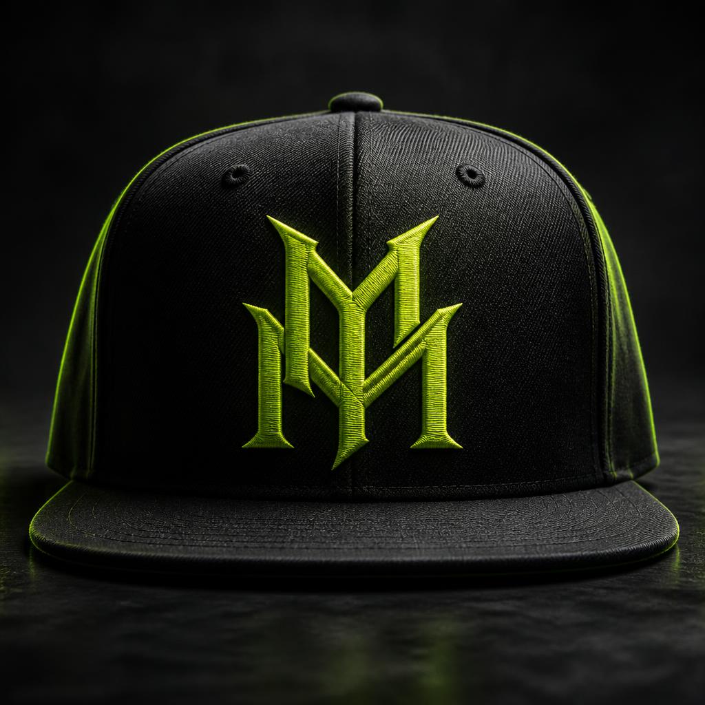 Black snapback cap with embroidered volt green MM monogram