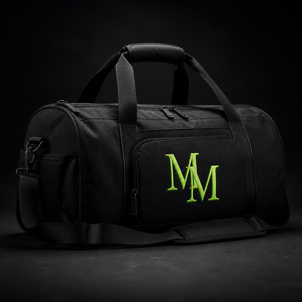 Black Muscle Menace gym duffel bag with volt green MM monogram