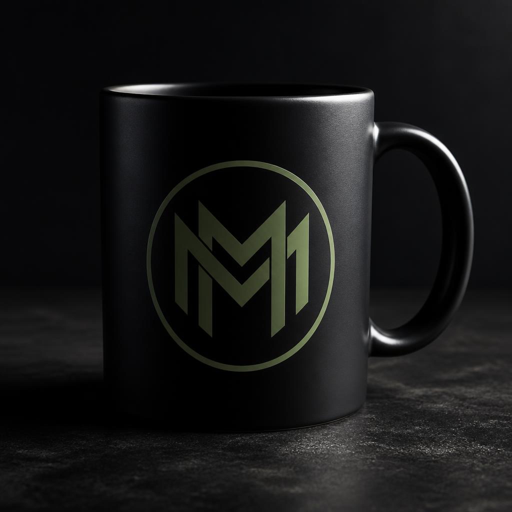 Matte black Muscle Menace ceramic mug with volt green MM badge