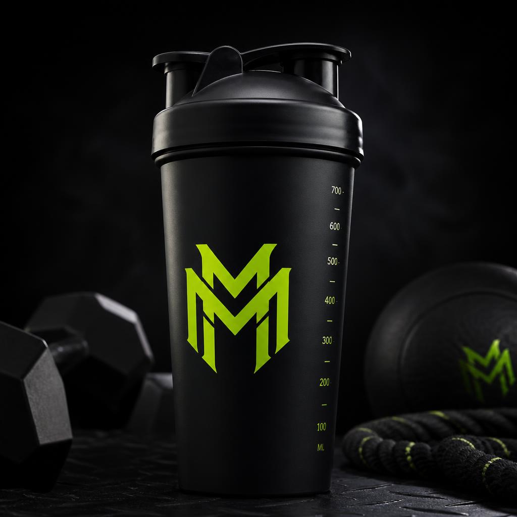 Matte black Muscle Menace shaker bottle with volt green MM monogram